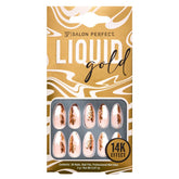 A front view of Salon Perfect Liquid Gold Gold Flake Artificial Nail set in packaging